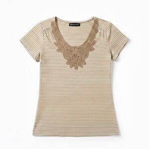 Reference Point Striped Lace Neckline Cotton Tee - Size Medium